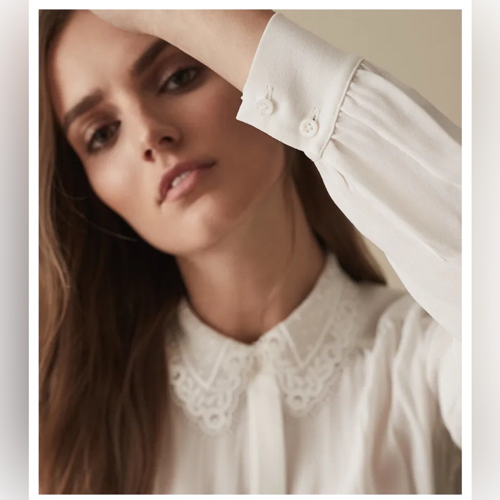 Reiss Cream Lace Collar Long-Sleeve Blouse - Picture 4 of 12